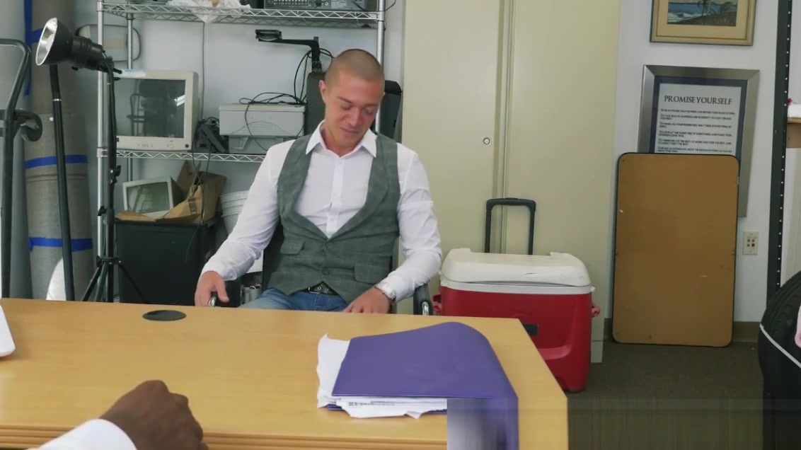 Handsome dude interracially fucked for cash in the office