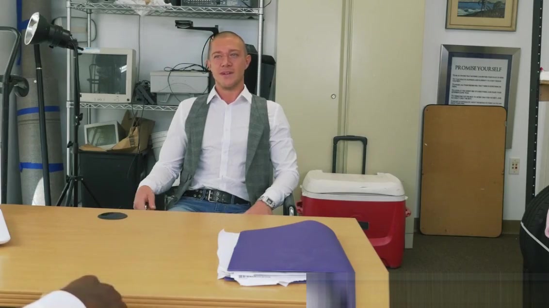 Handsome dude interracially fucked for cash in the office