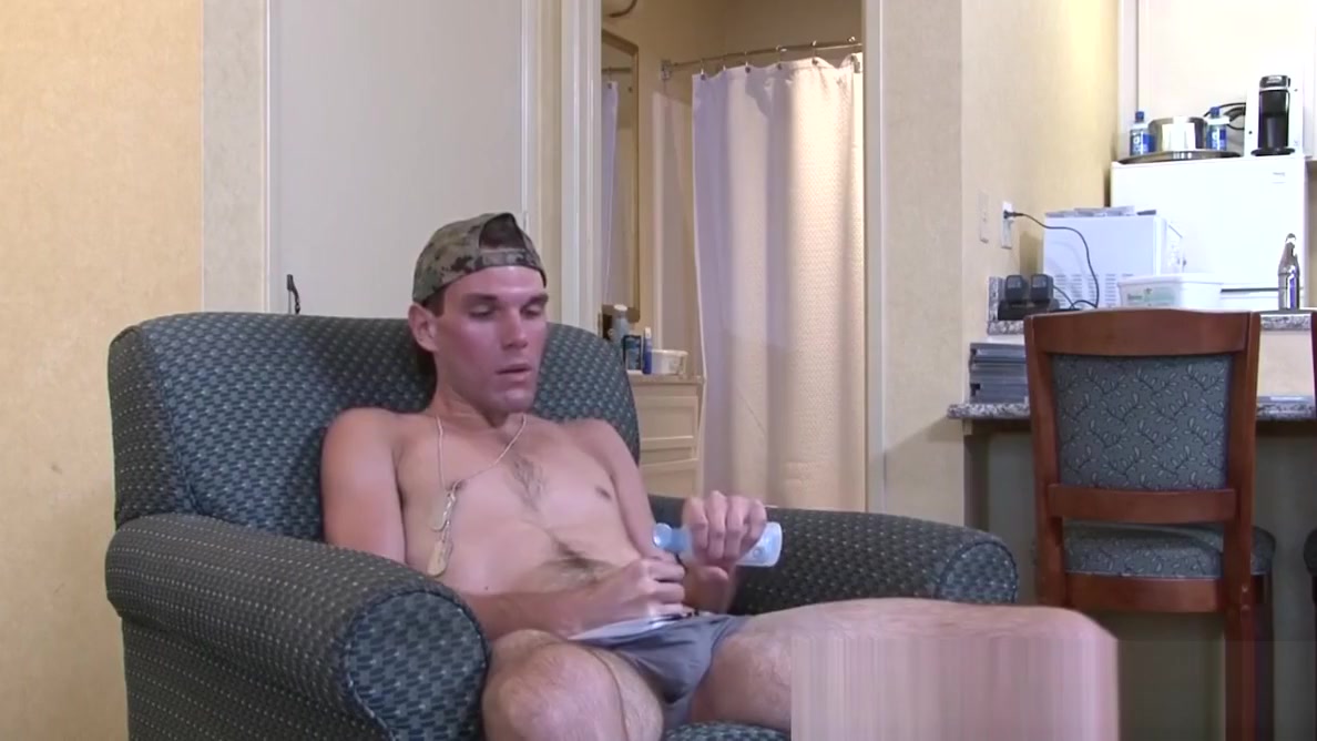 Athletic army recruit Joshua Kelly vigorously strokes solo