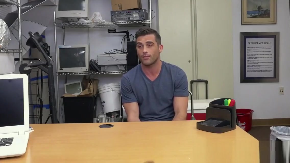 White stud takes long black cock anally in office