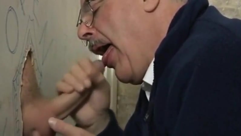 Sexy silver haired moustached Step dad sucks cum at the gloryhole
