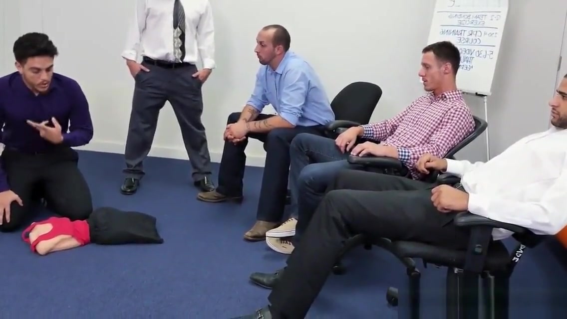 Jock sucked off before gay office threeway