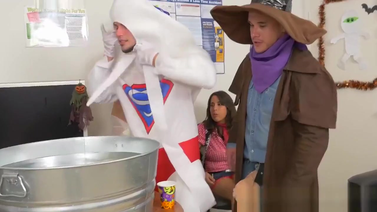 Office costume party turns into interracial fuck fest