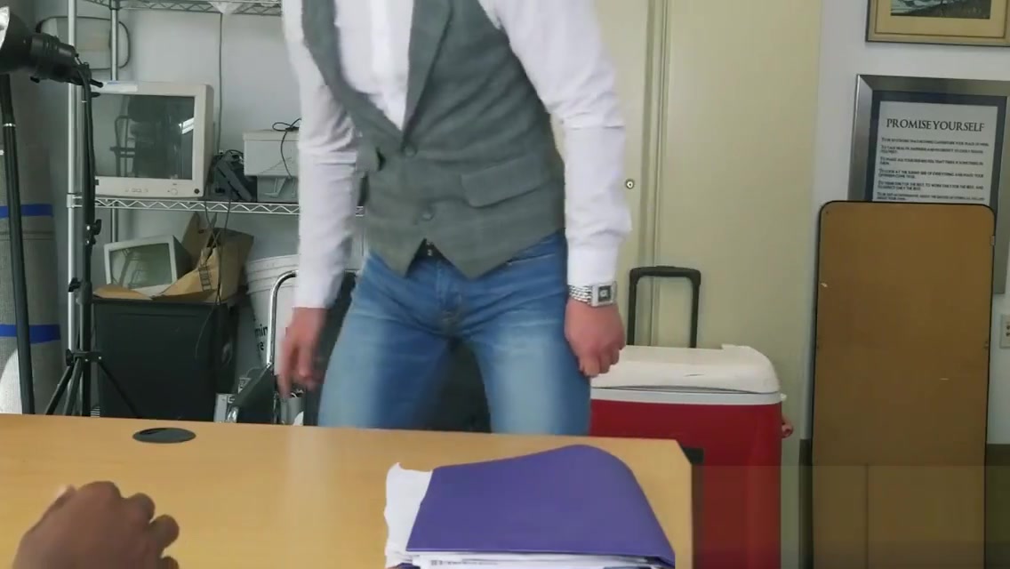 Russian guy gags on directors massive black cock at his office