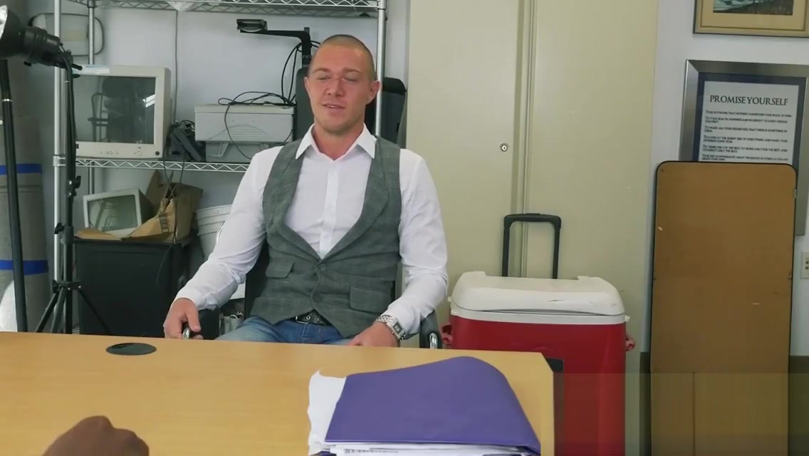 Russian guy gags on directors massive black cock at his office