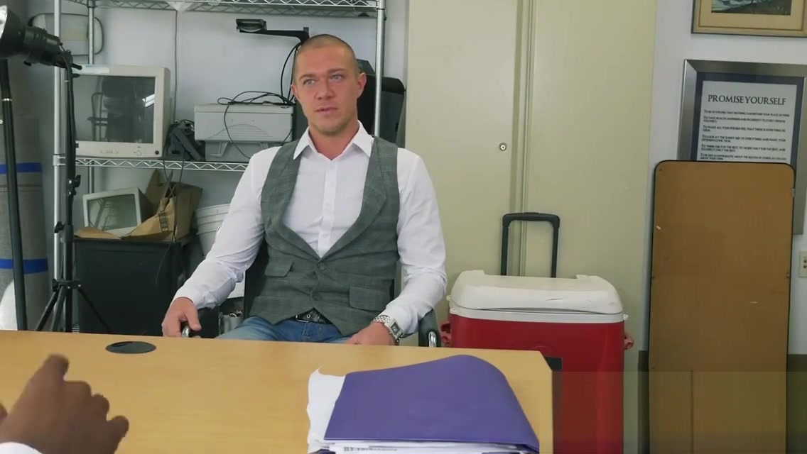 Russian guy gags on directors massive black cock at his office
