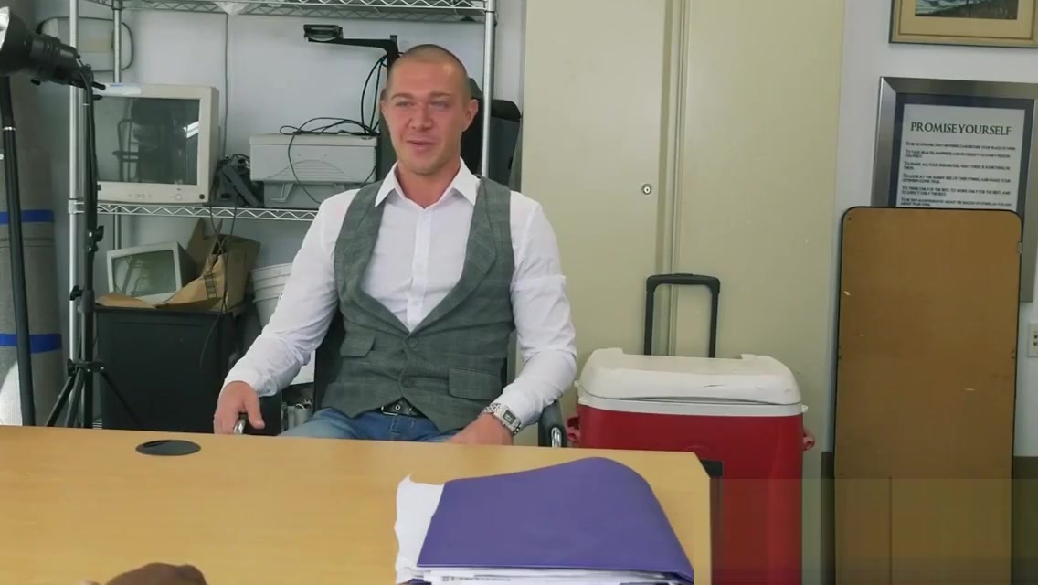 Russian guy gags on directors massive black cock at his office