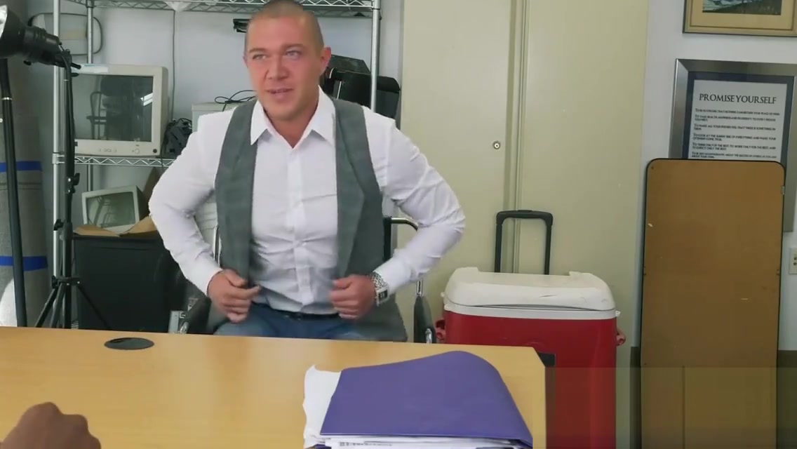 Russian guy gags on directors massive black cock at his office