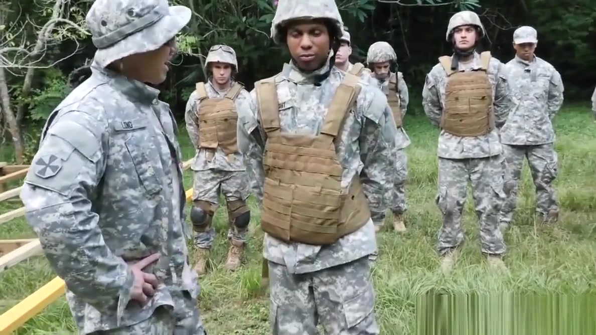 Ebony army hunks sucking white cock outdoor