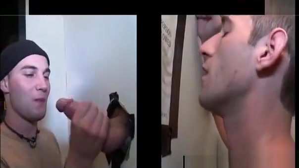 Bald gay rubs and eats huge cock on gloryhole