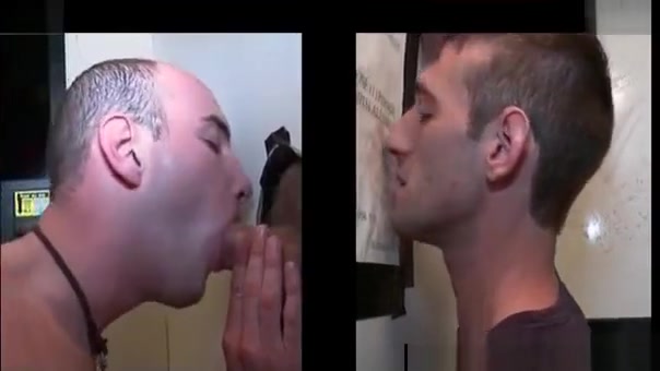 Bald gay rubs and eats huge cock on gloryhole