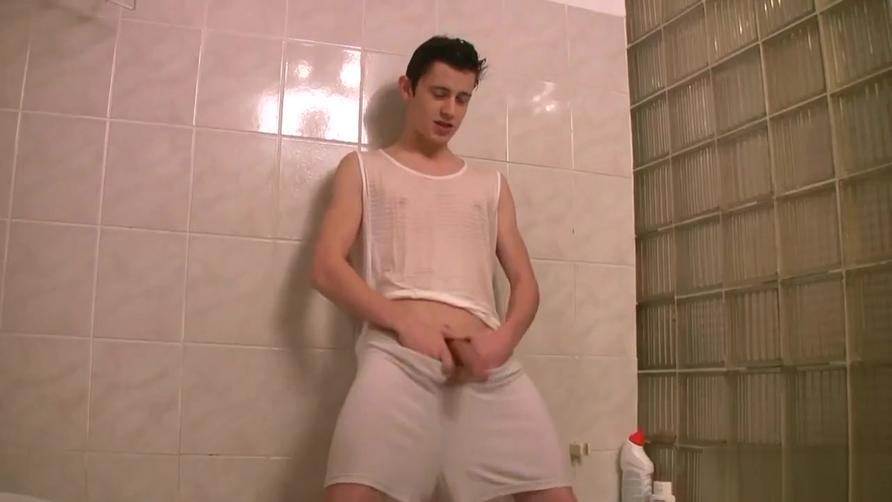 Brunette teen 18+ guy is hotly fondling dick in shower