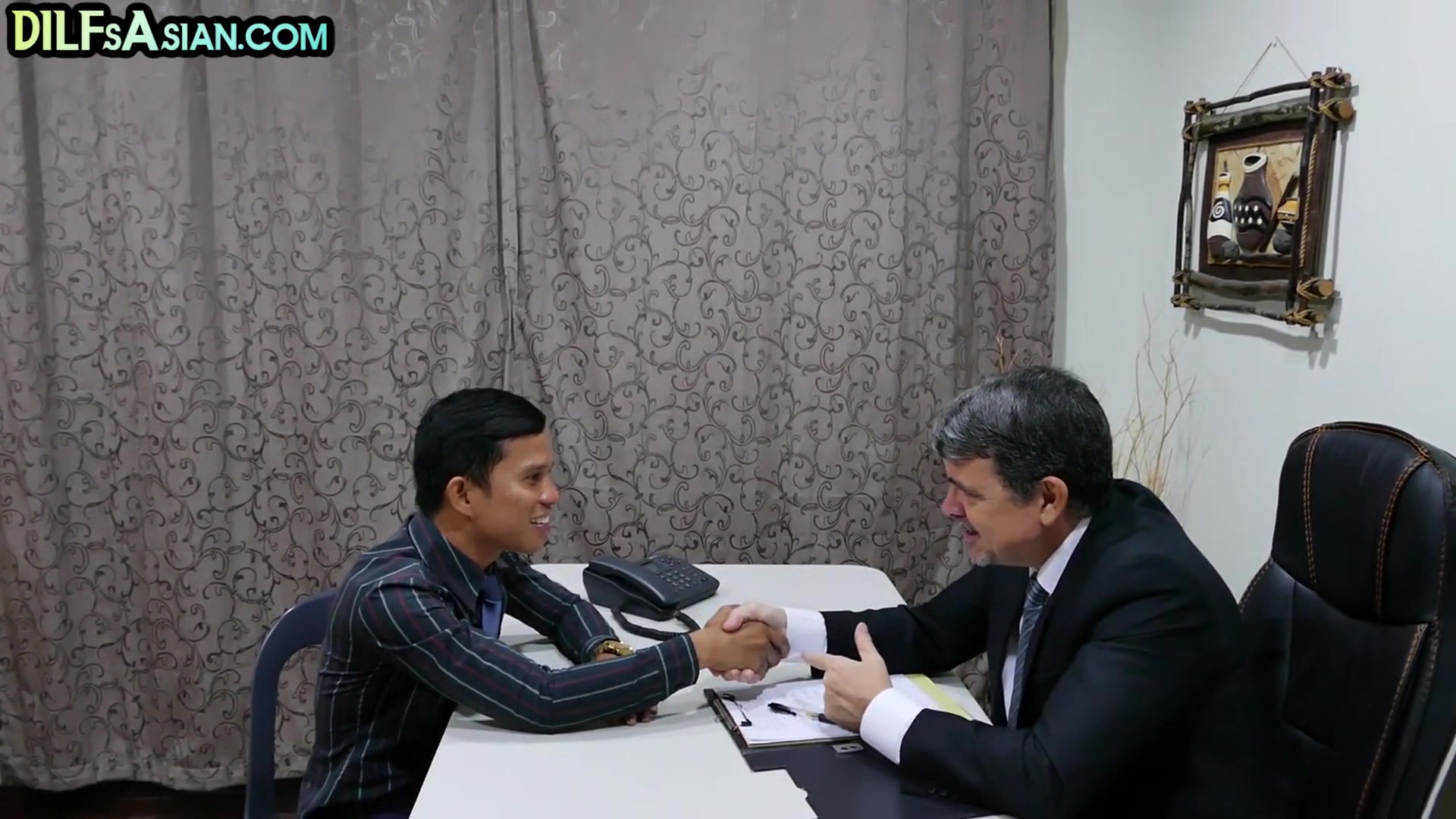 Asian twink barebacked by white business DILF in office