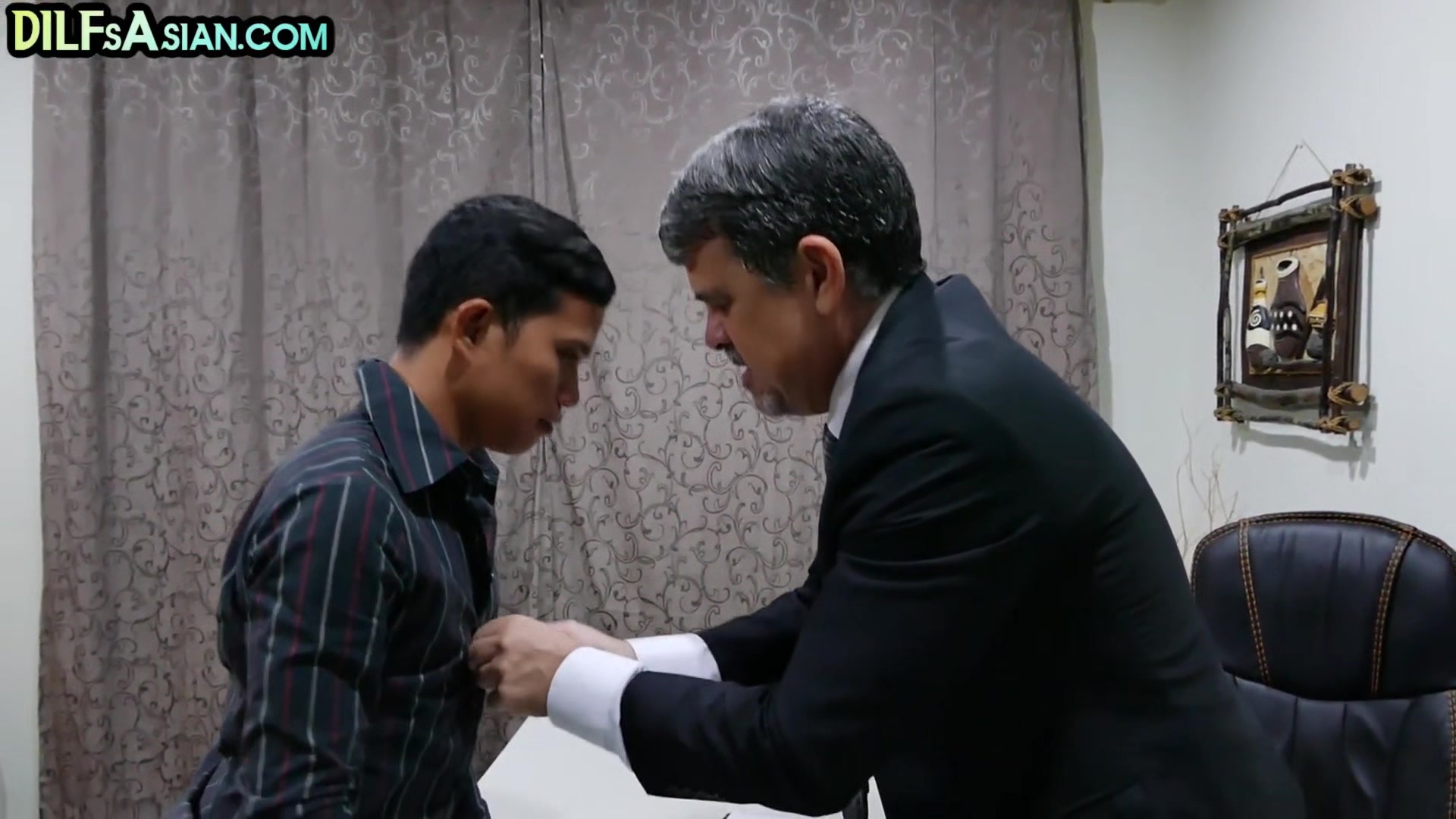 Asian twink barebacked by white business DILF in office