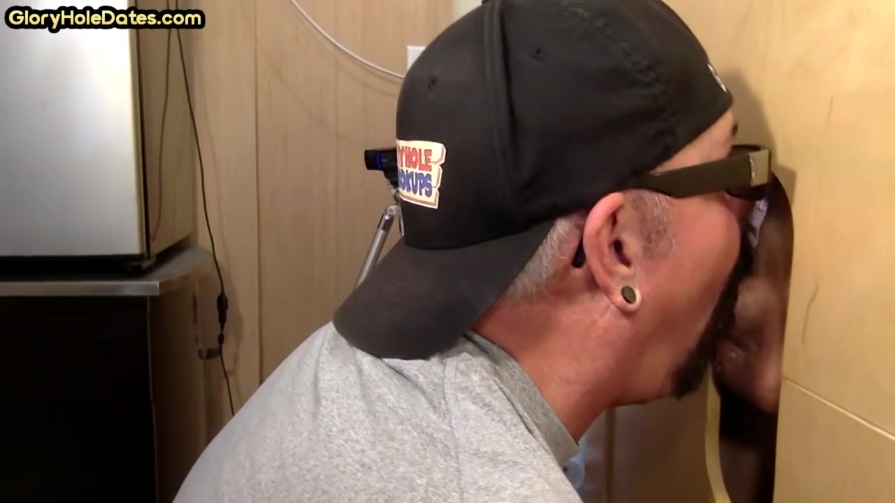 Gray DILF sucks and tugs gloryhole dick until spermed