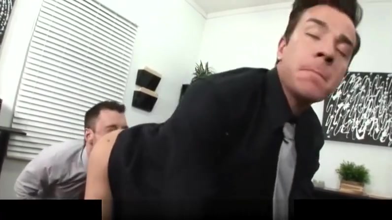 Horny gay business man gives blowjob at the office