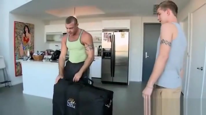 Massage bear slowly touches straight guy