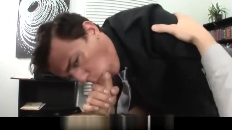 Gay business man gives nice wet blowjob in the office