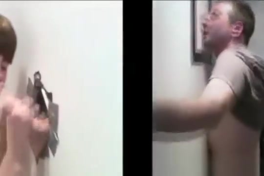 Twink sucking cock through the gloryhole as a joke