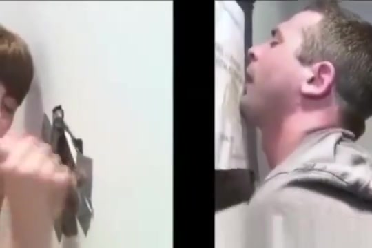 Twink sucking cock through the gloryhole as a joke