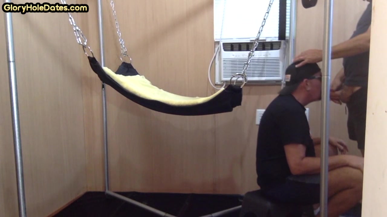 Barebacked bottom DILF fucked in sling after cocksucking