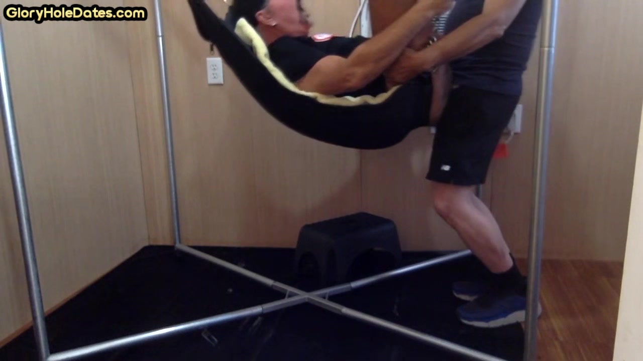 Barebacked bottom DILF fucked in sling after cocksucking