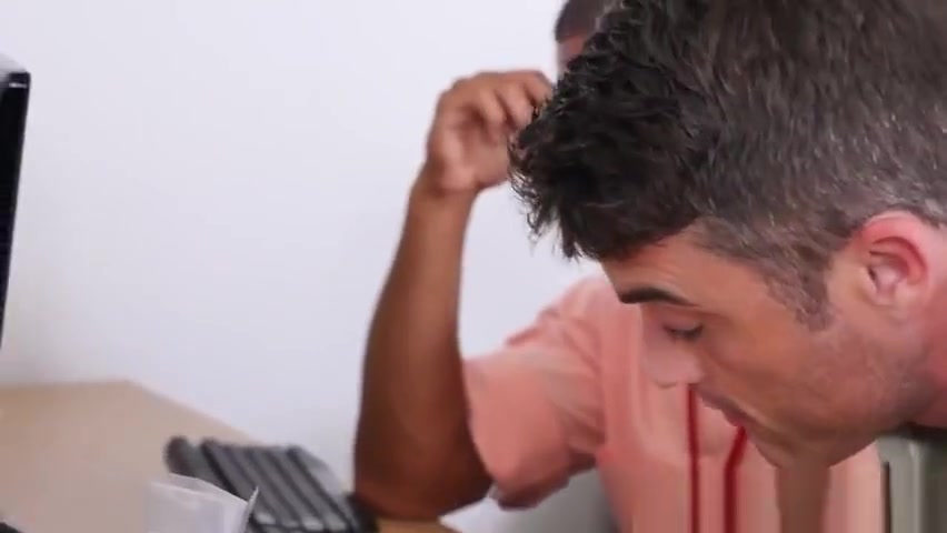 Handsome office hunk gets spitroasted