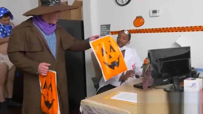 Gay queers celebrate halloween with interracial gay threesome in the office
