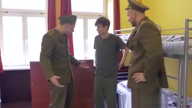 Uniformed officers spitroasting twink cadet