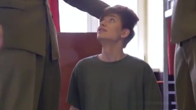 Uniformed officers spitroasting twink cadet