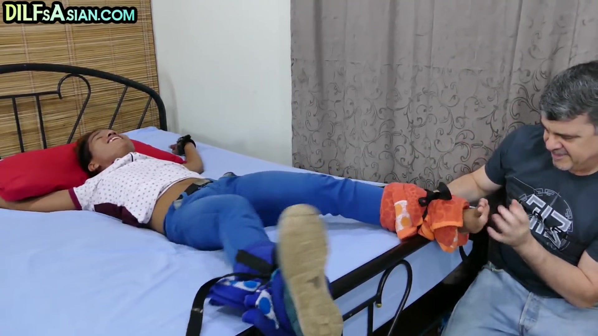 Asian bondage twink fucked by gaydaddy after feet tickling