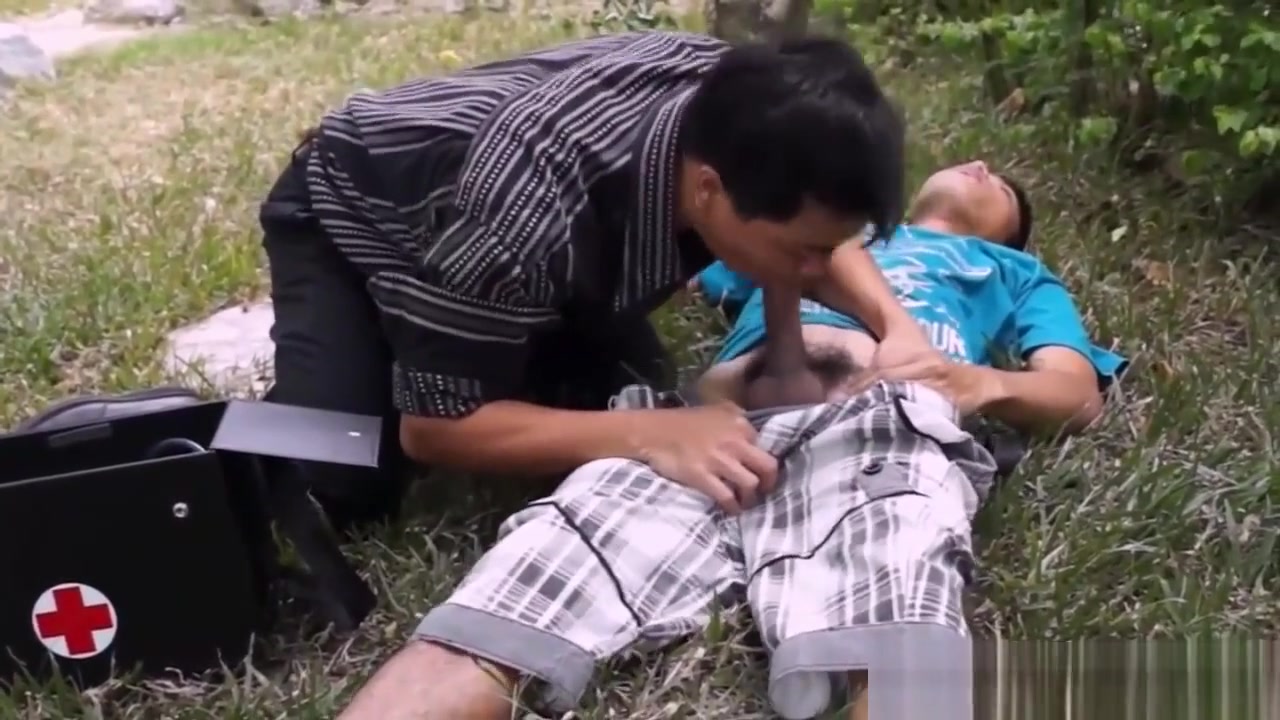 Asian doctor sucks Fake twins cock outdoors
