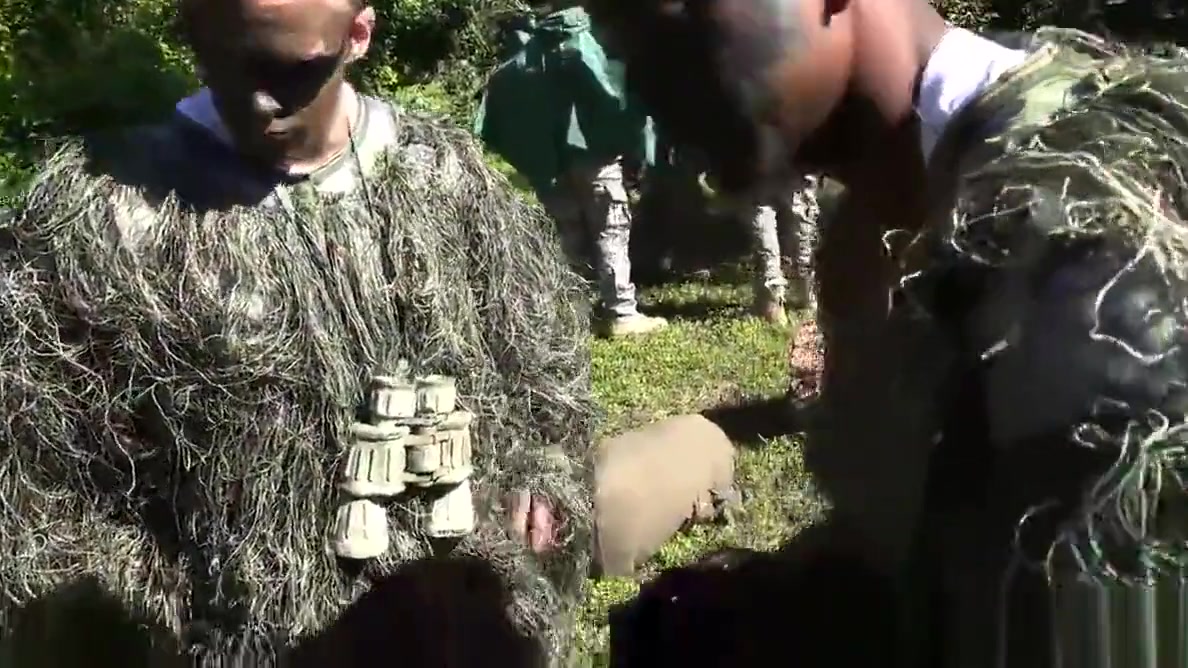 Amateur army muscle banged outdoors