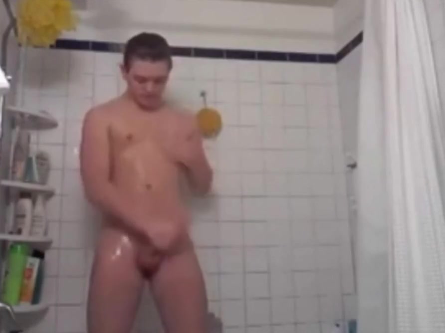Hairless with big dick showers and cums