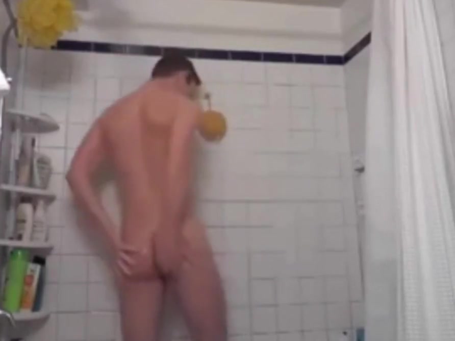 Hairless with big dick showers and cums