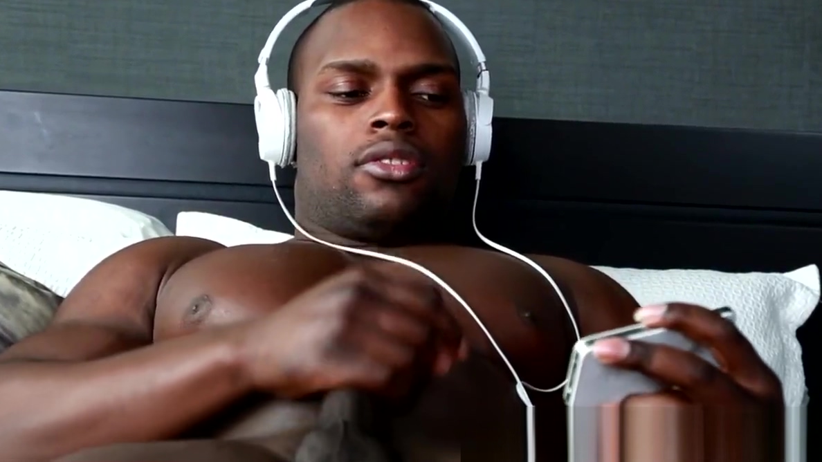 Ripped black hunk masturbates after showering