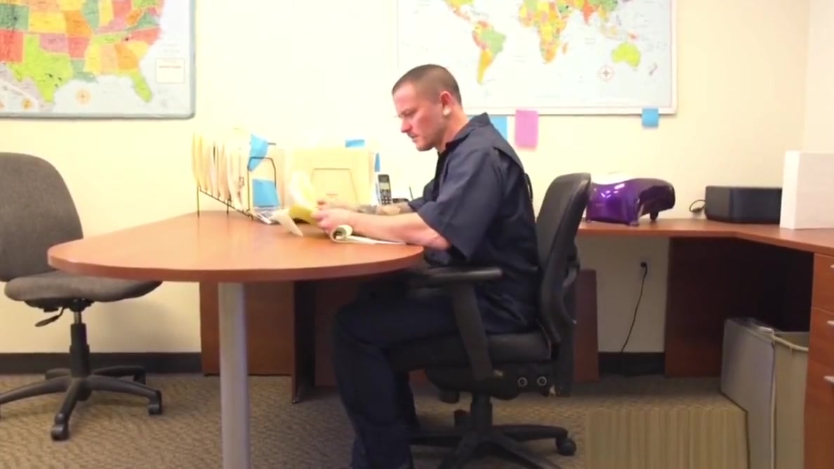 BDSM hunk spanks and whips sub in his office