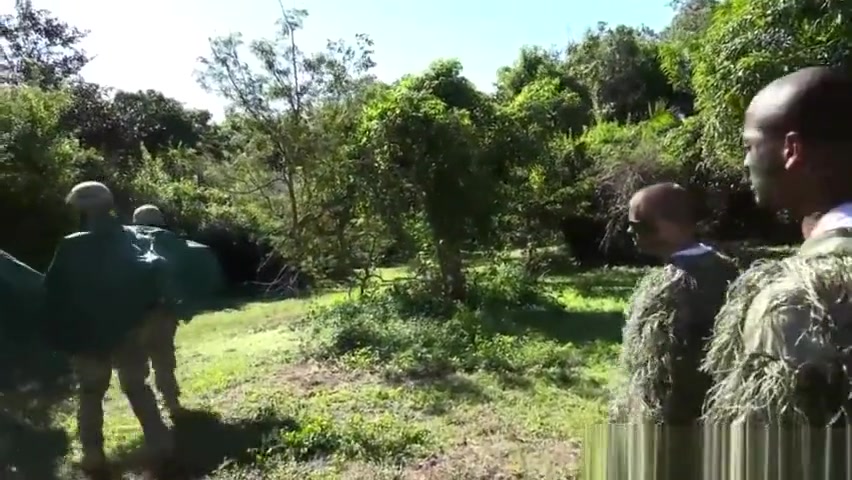 Amateur army muscle banged outdoors