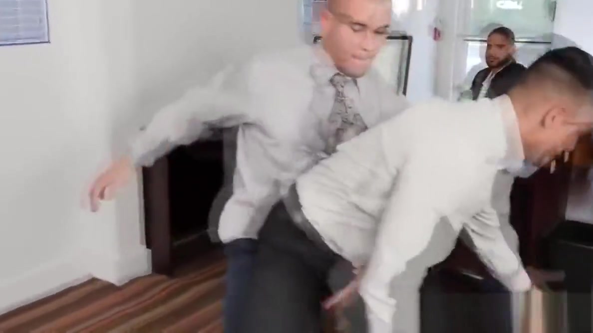 Office studs cocksucking in POV threeway