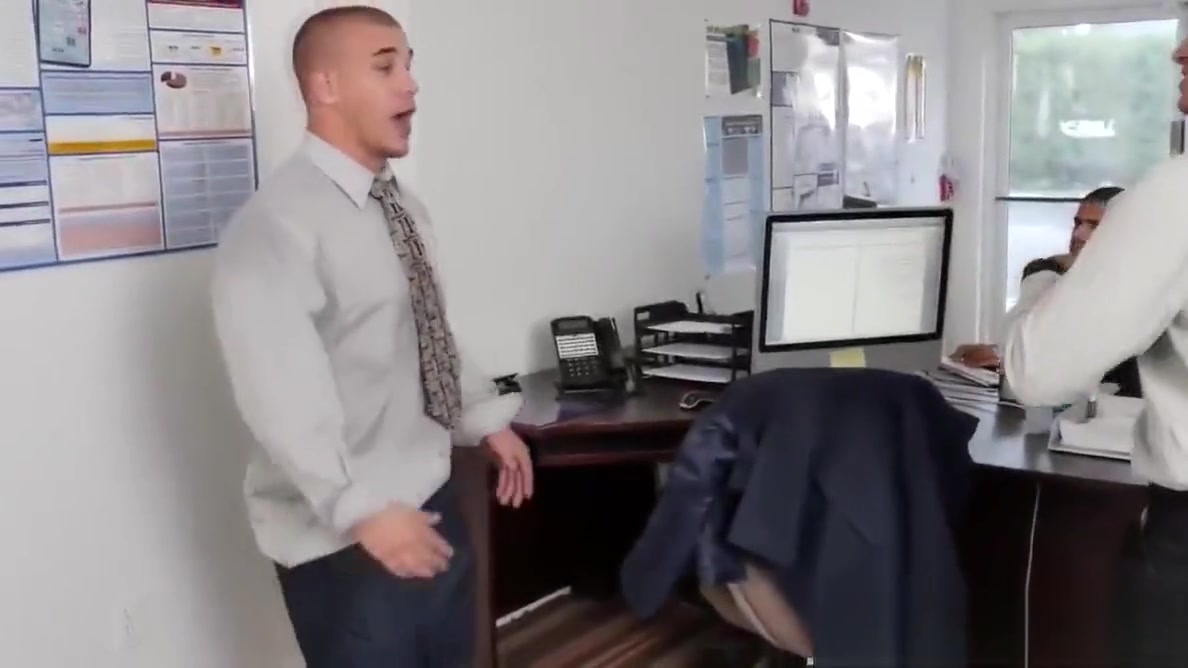 Office studs cocksucking in POV threeway