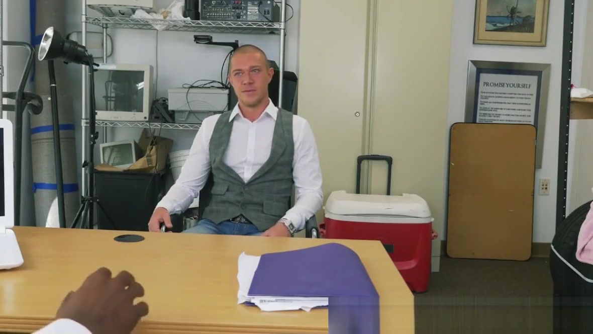 Handsome dude interracially fucked for cash in the office