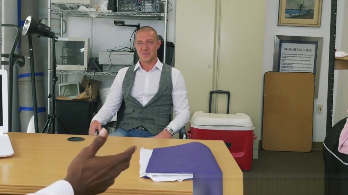 Handsome dude interracially fucked for cash in the office