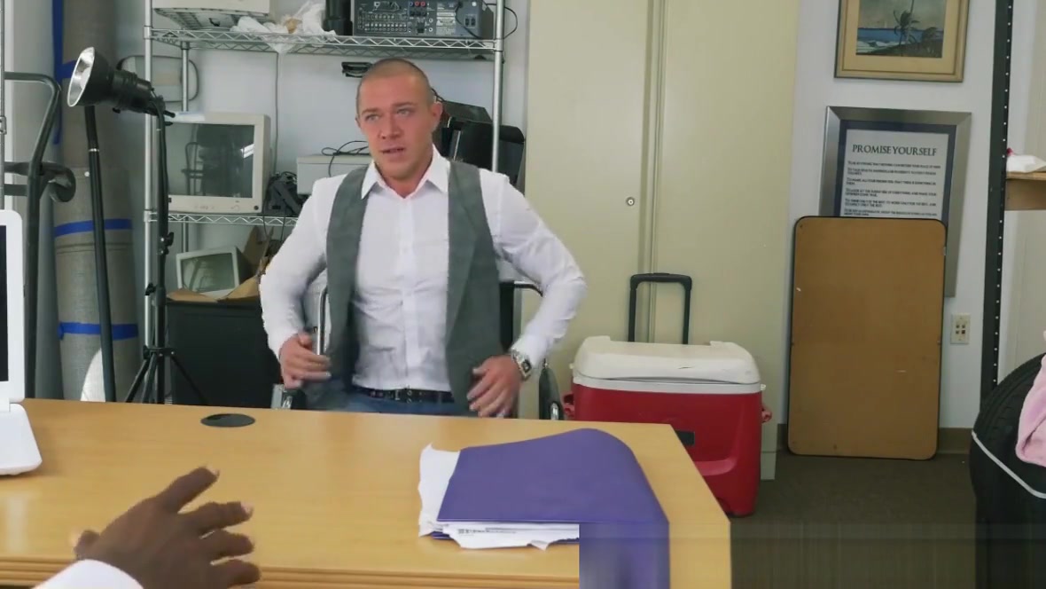 Handsome dude interracially fucked for cash in the office