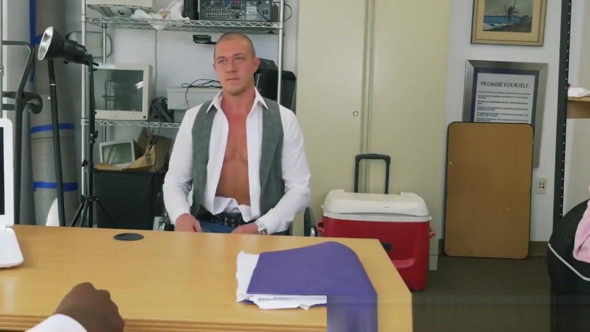 Handsome dude interracially fucked for cash in the office