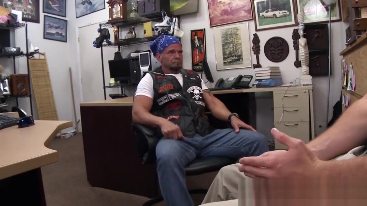 Hunky biker sells ass to hung perv for money in office