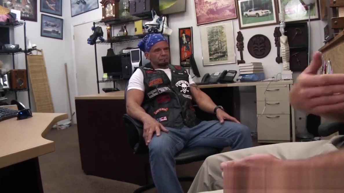 Hunky biker sells ass to hung perv for money in office