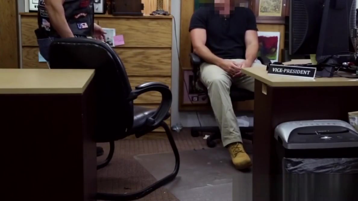 Hunky biker sells ass to hung perv for money in office
