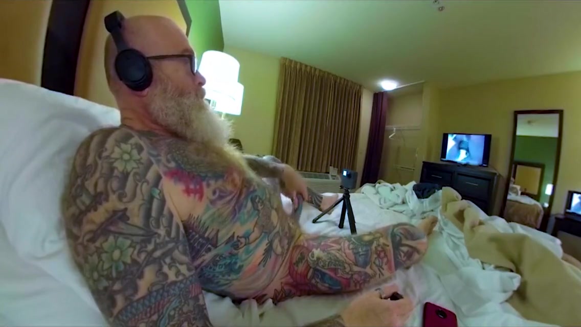 Inked Step daddy Bear Hotel Bate with Doxy Massage Wand - Inked Pierced Cock