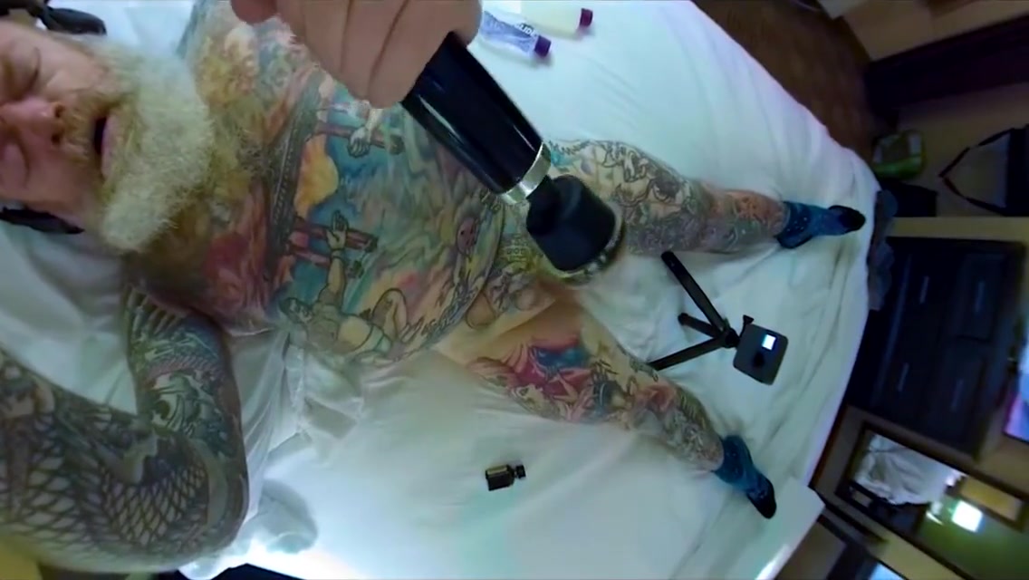 Inked Step daddy Bear Hotel Bate with Doxy Massage Wand - Inked Pierced Cock