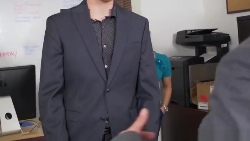 Suited studs assfuck on swing in office